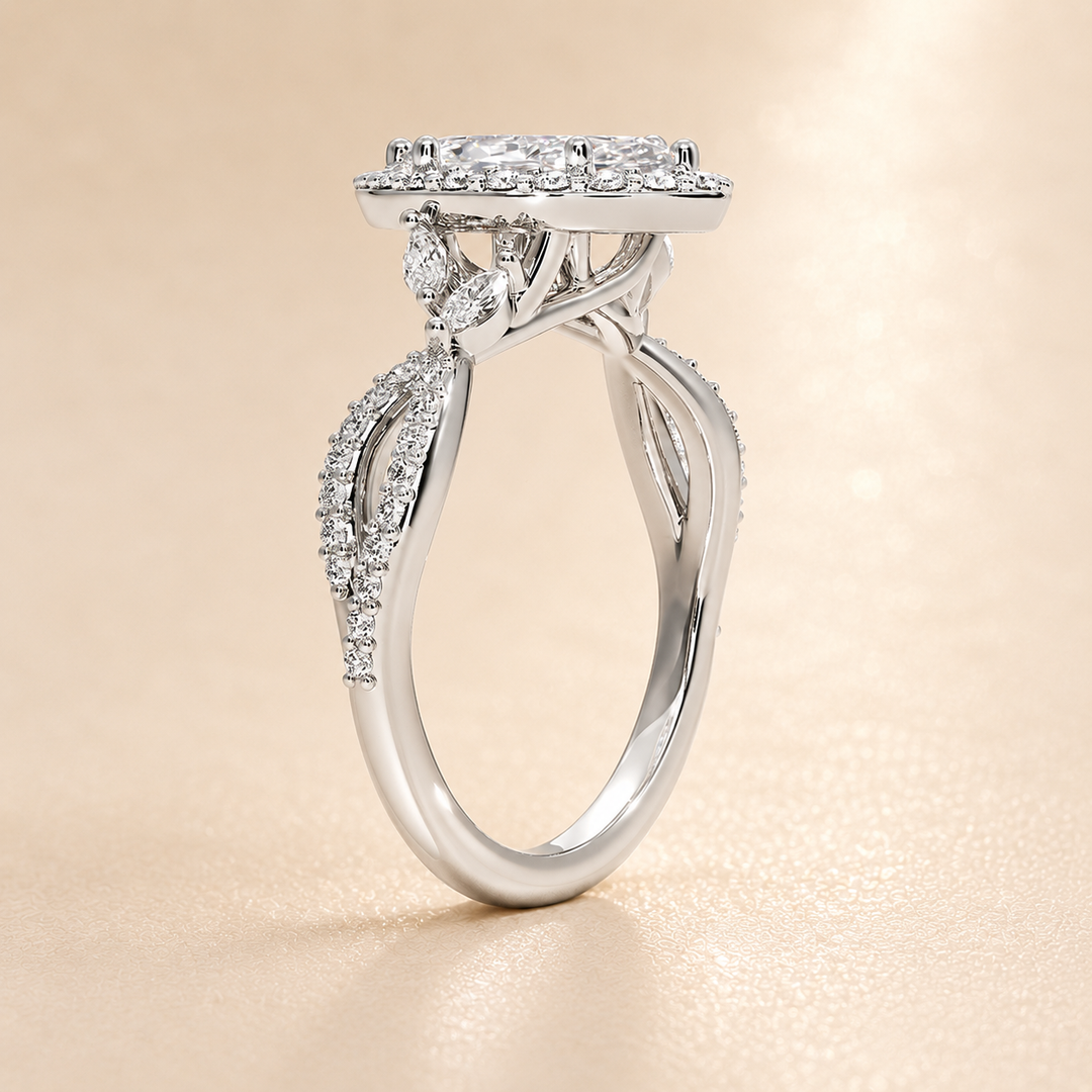Vine band Halo Diamond Ring in Silver