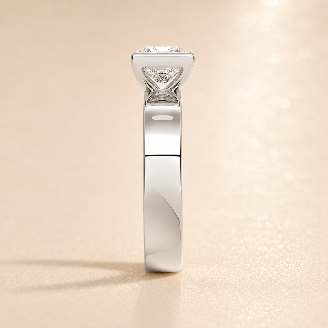 4mm Cigar band Bezel set Solitaire Ring in White Gold