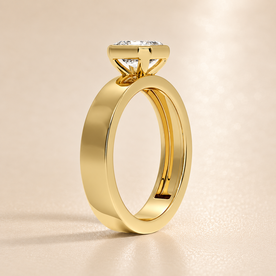 4mm Cigar band Bezel set Solitaire Ring in Yellow Gold