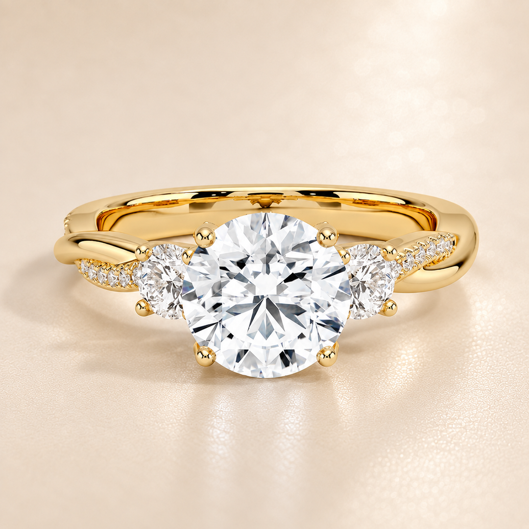 Twisted Vine Band Three Stone Ring in Yellow Gold