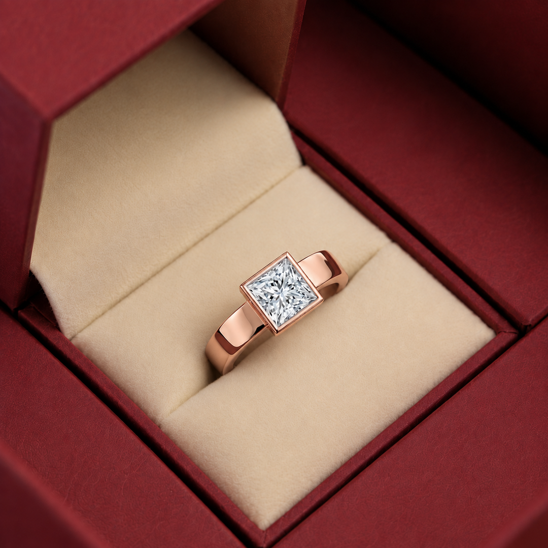4mm Cigar band Bezel set Solitaire Ring in Rose Gold