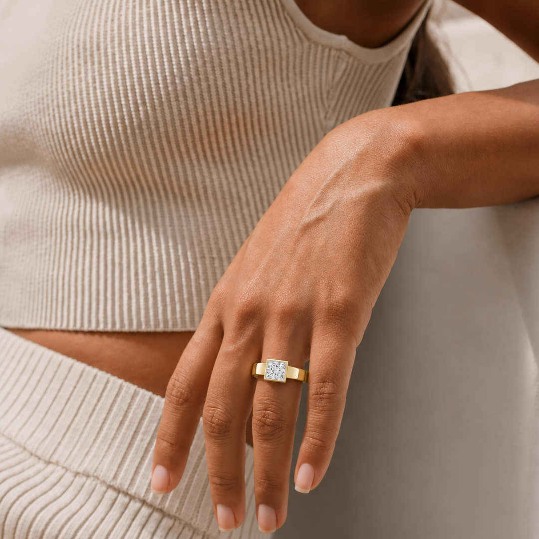 4mm Cigar band Bezel set Solitaire Ring in Yellow Gold