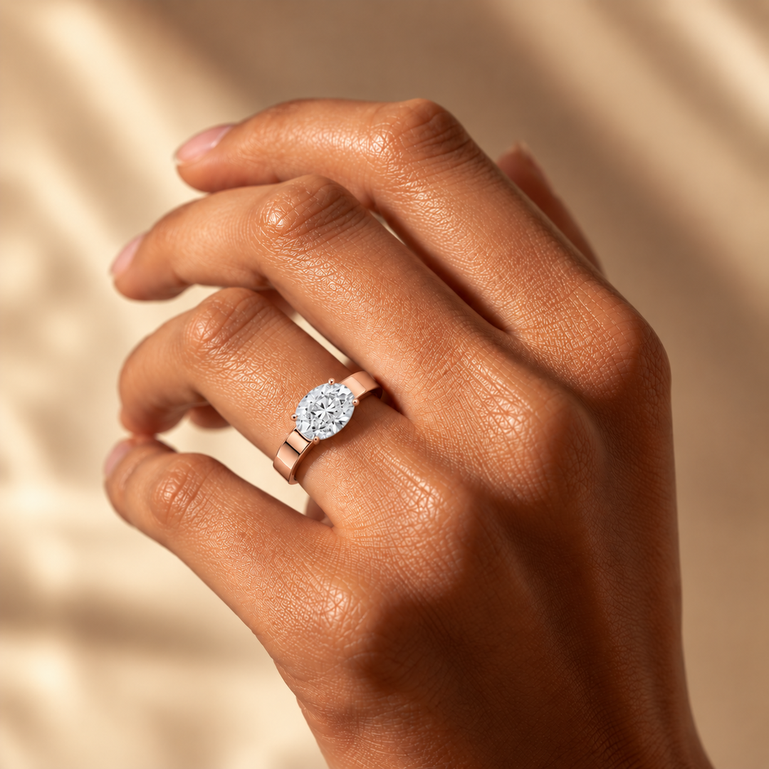 4mm Cigar band East-west Solitaire Ring in Rose Gold
