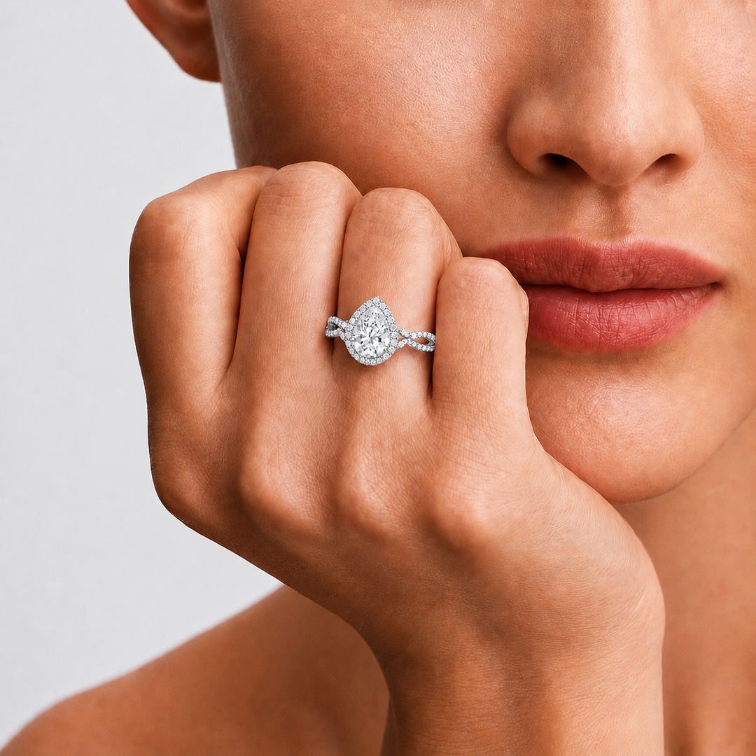 Vine band Halo Diamond Ring in Silver