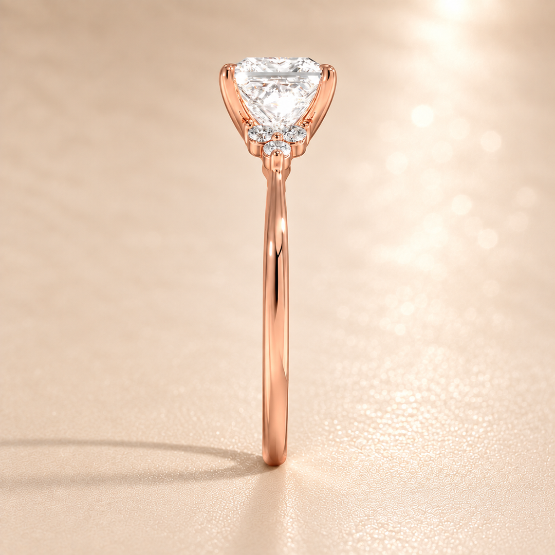 Six round accent diamonds Three Stone Ring in Rose Gold