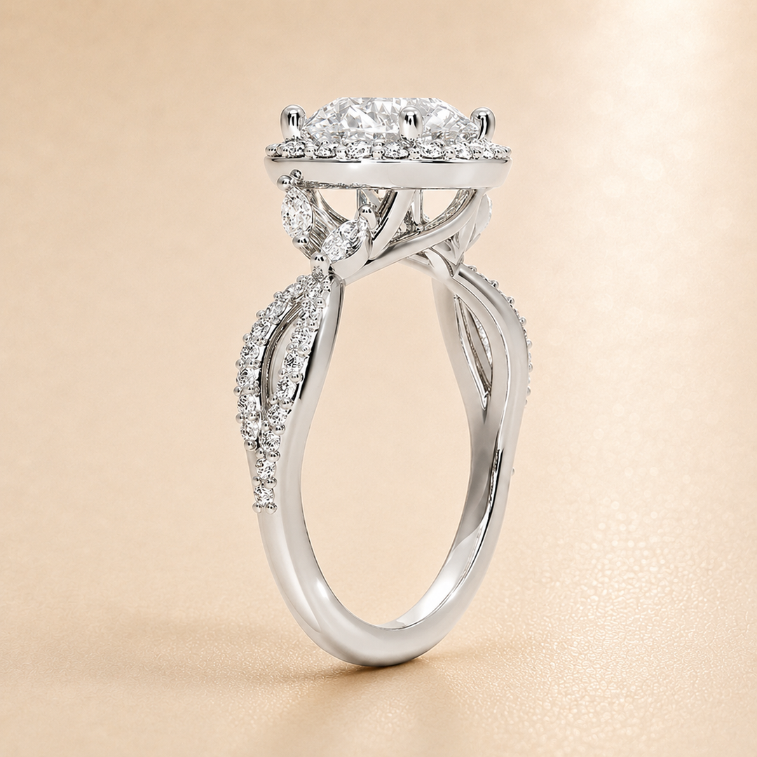 Vine band Halo Diamond Ring in Silver