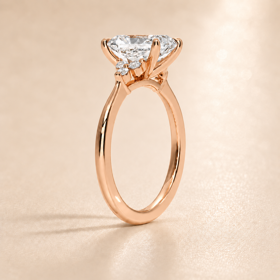 Six round accent diamonds Three Stone Ring in Rose Gold