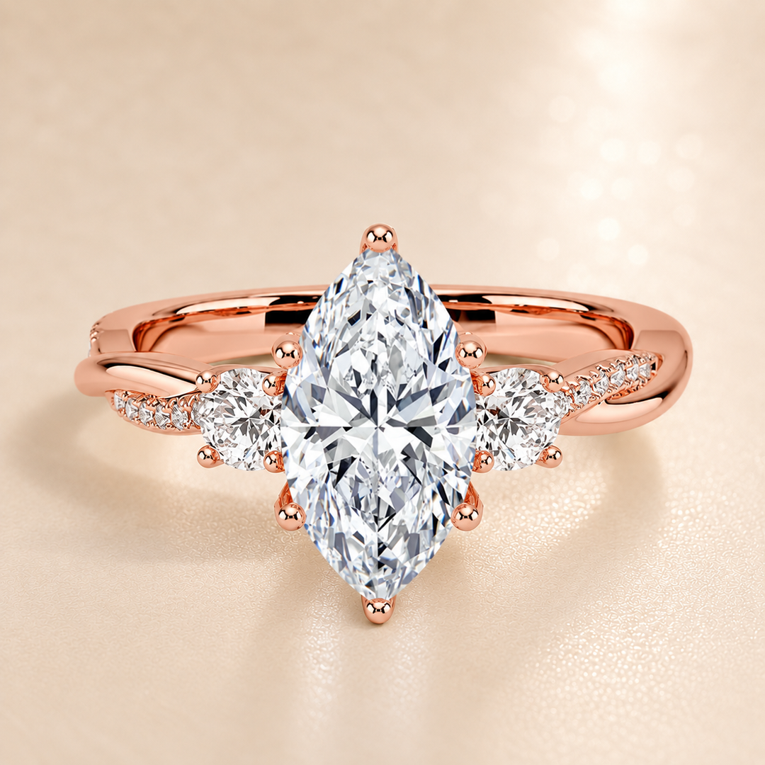 Twisted Vine Band Three Stone Ring in Rose Gold