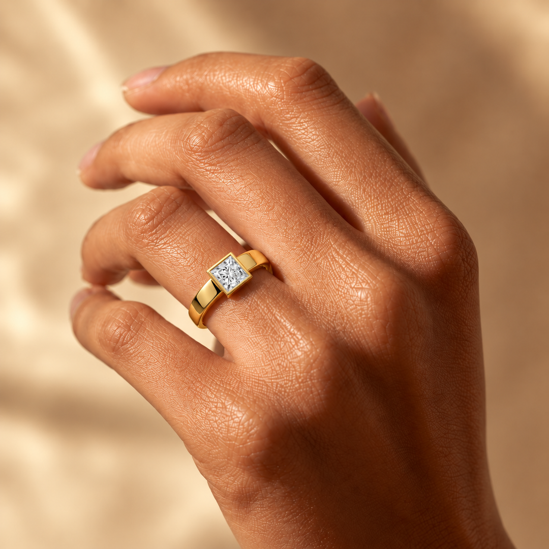 4mm Cigar band Bezel set Solitaire Ring in Yellow Gold