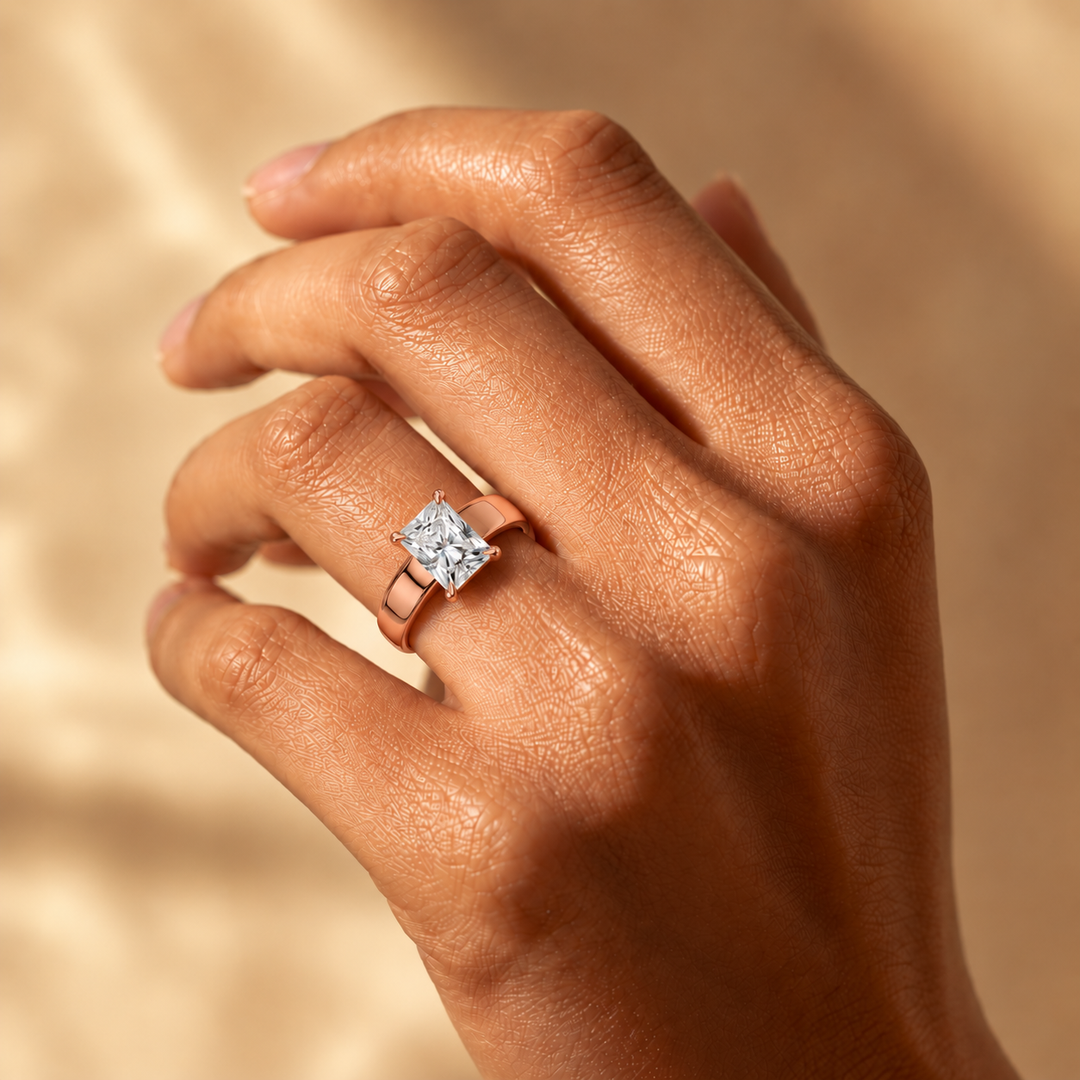 4mm Cigar band Prong set Solitaire Ring in Rose Gold