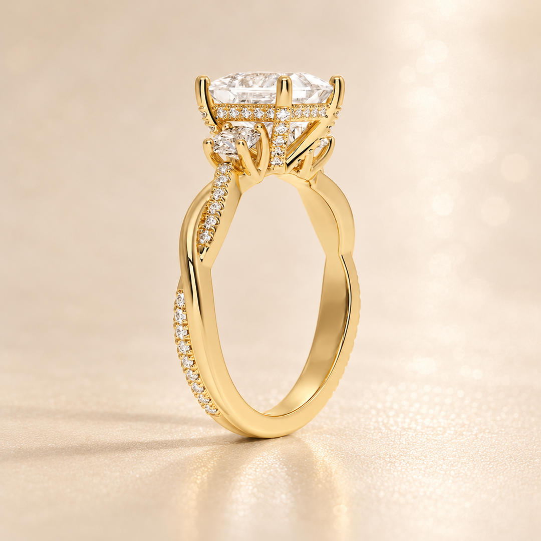 Twisted Vine Band Three Stone Ring in Yellow Gold