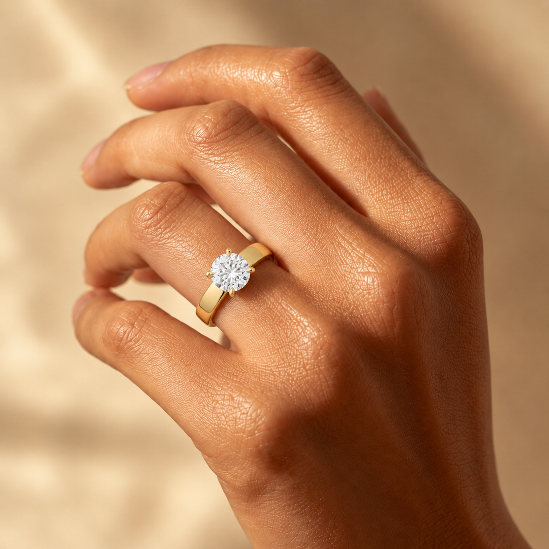 4mm Cigar band Prong set Solitaire Ring in Yellow Gold