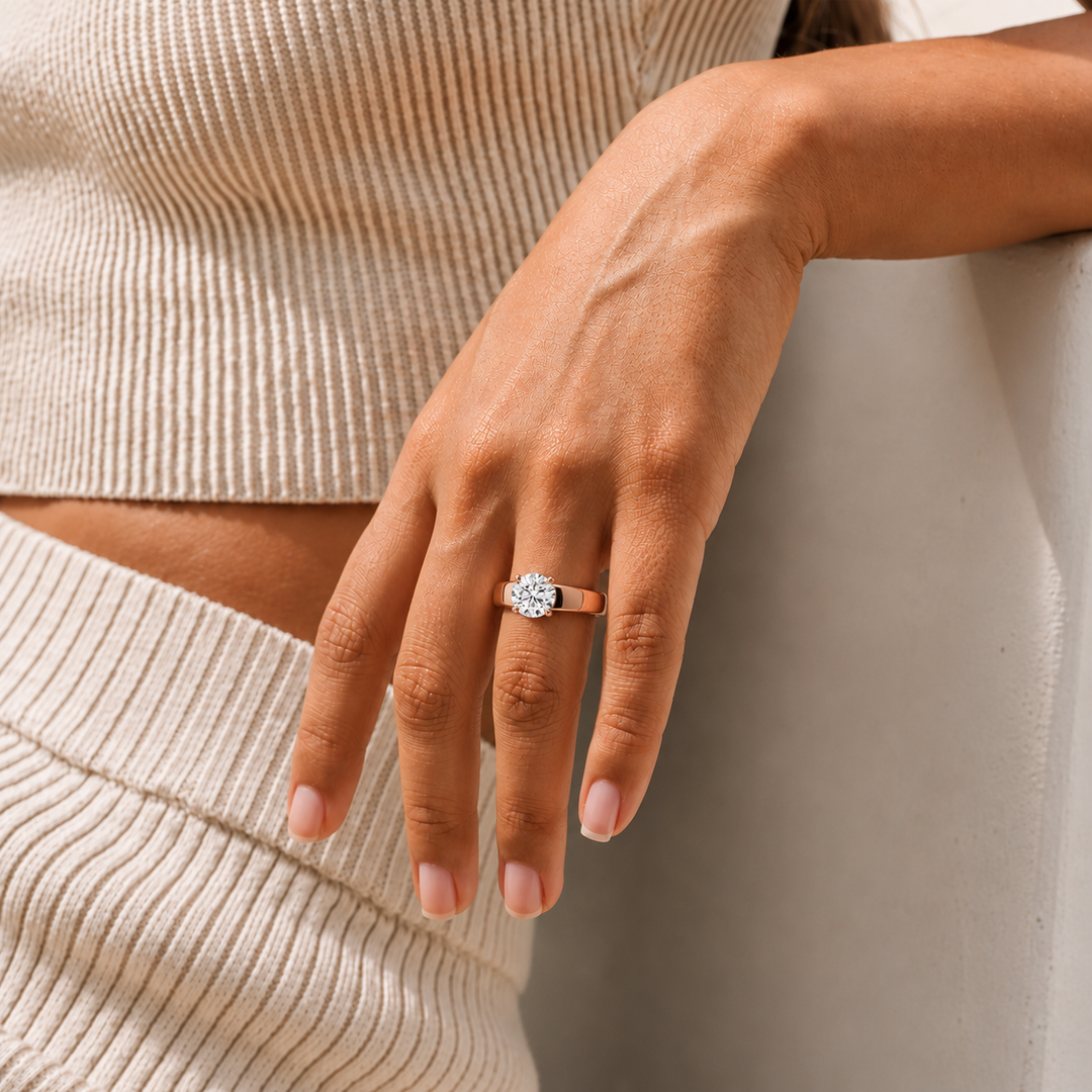 4mm Cigar band Prong set Solitaire Ring in Rose Gold