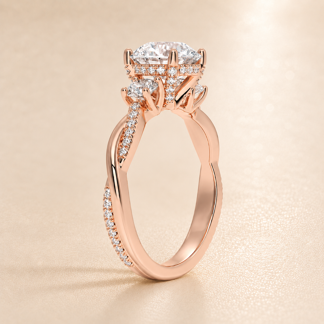 Twisted Vine Band Three Stone Ring in Rose Gold