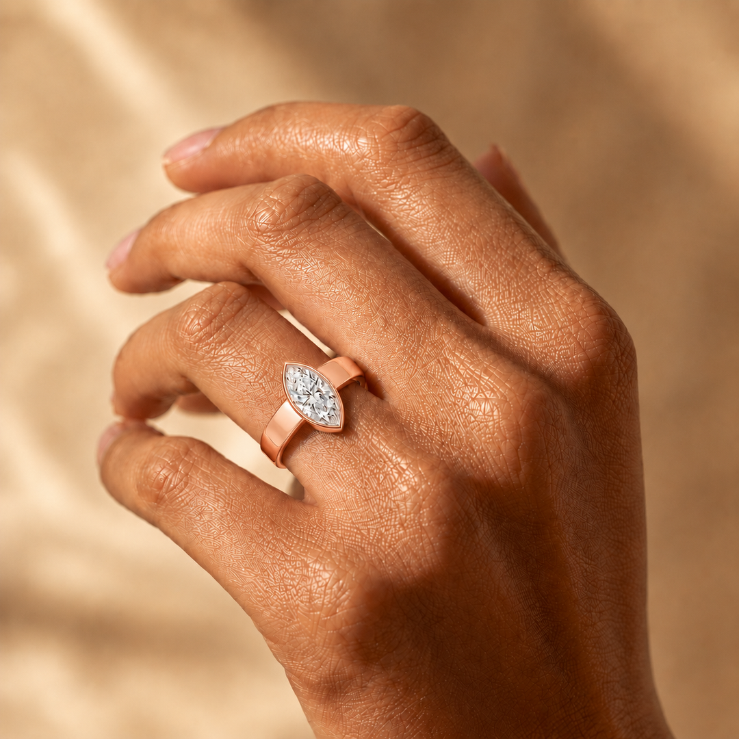 4mm Cigar band Bezel set Solitaire Ring in Rose Gold