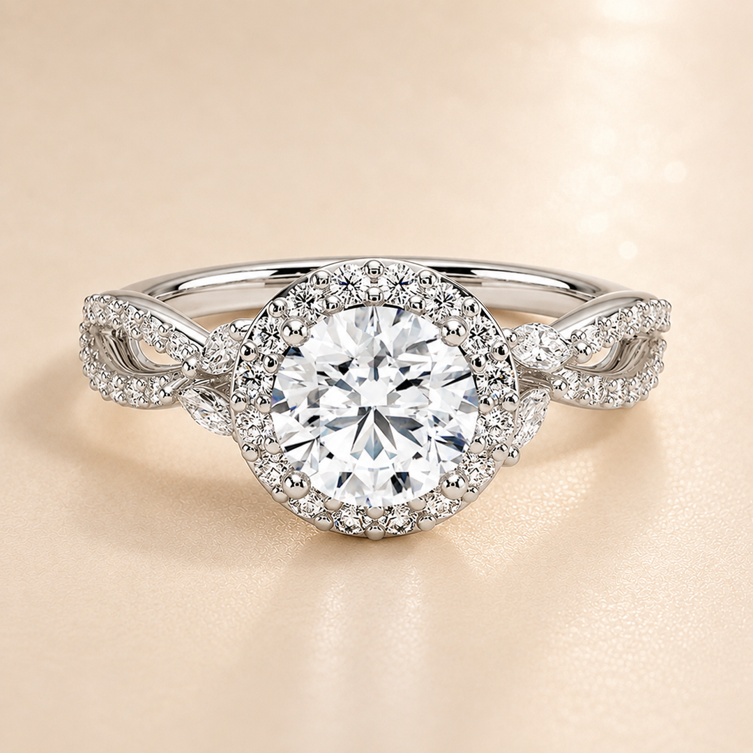 Vine band Halo Diamond Ring in Silver