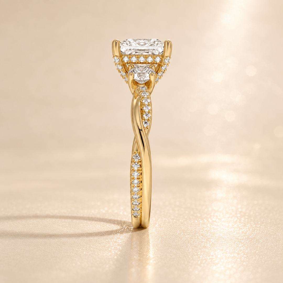 Twisted Vine Band Three Stone Ring in Yellow Gold