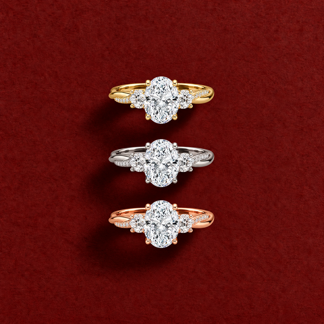 Twisted Vine Band Three Stone Ring in Rose Gold