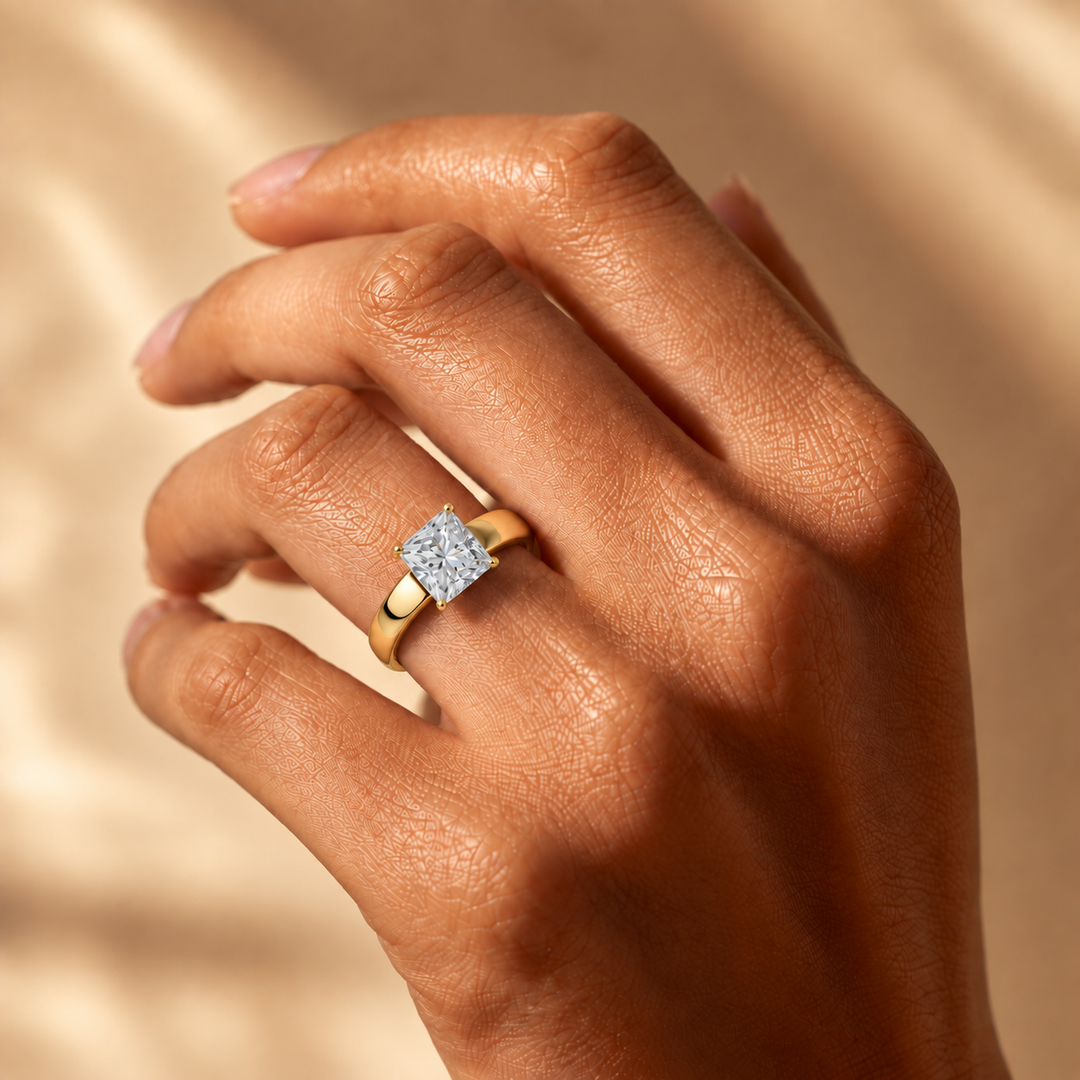 4mm Cigar band Prong set Solitaire Ring in Yellow Gold