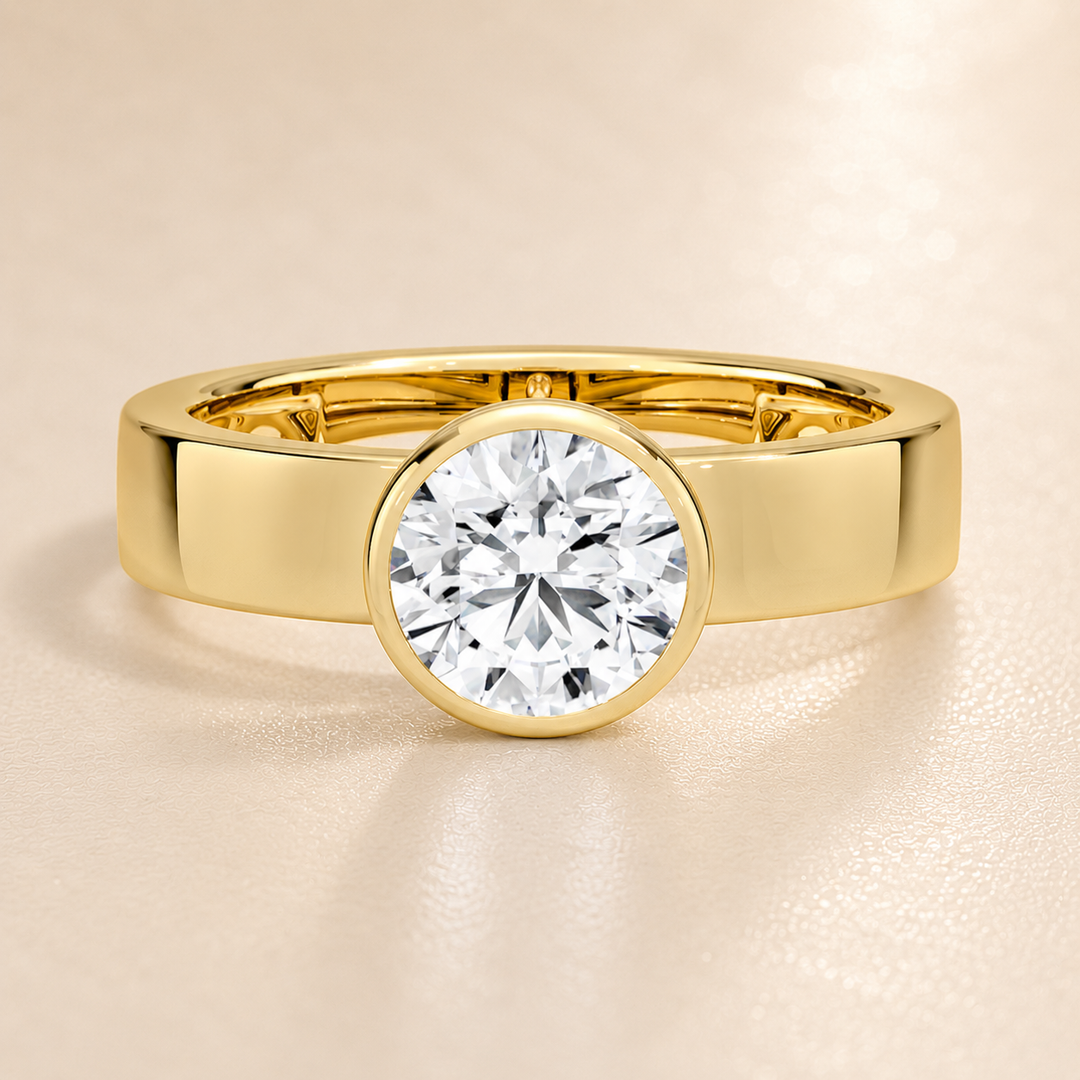 4mm Cigar band Bezel set Solitaire Ring in Yellow Gold