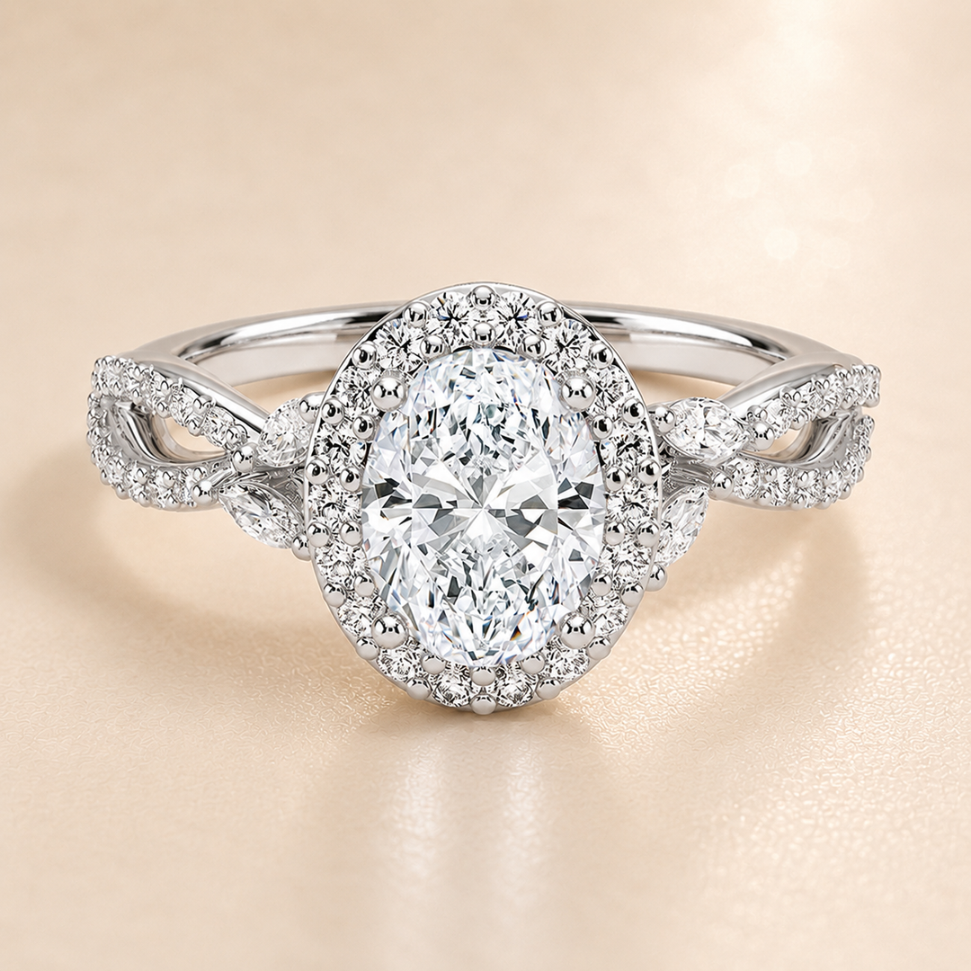 Vine band Halo Diamond Ring in Silver