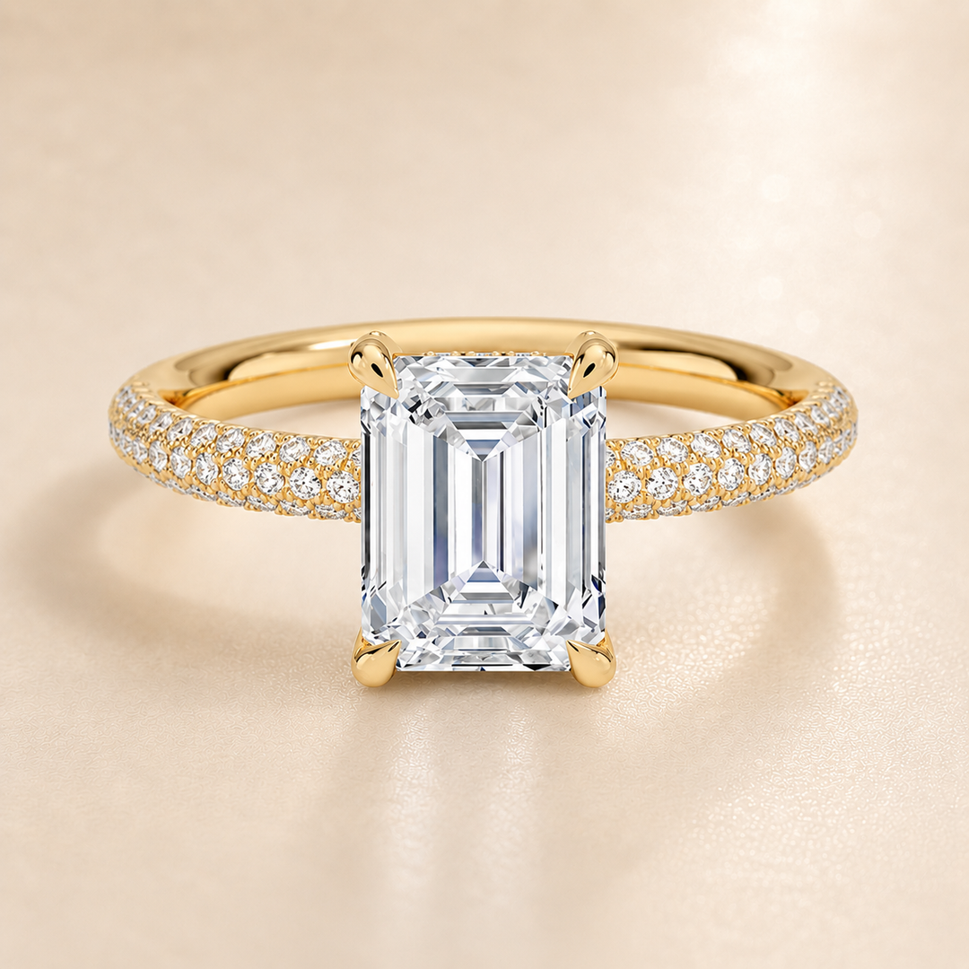Micro Pave band Solitaire Ring in Yellow Gold