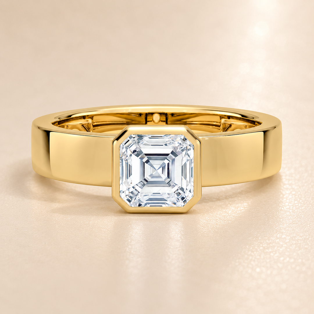 4mm Cigar band Bezel set Solitaire Ring in Yellow Gold