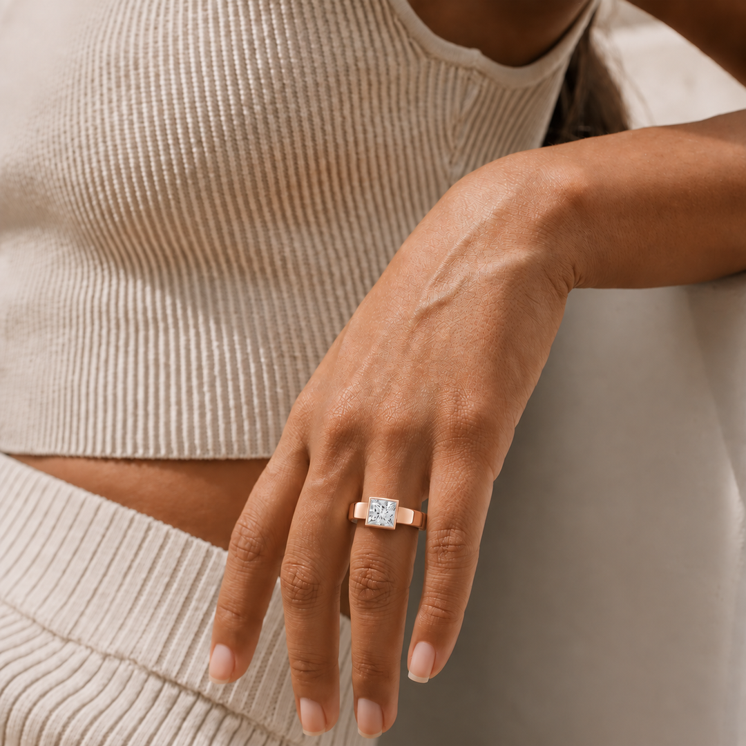 4mm Cigar band Bezel set Solitaire Ring in Rose Gold