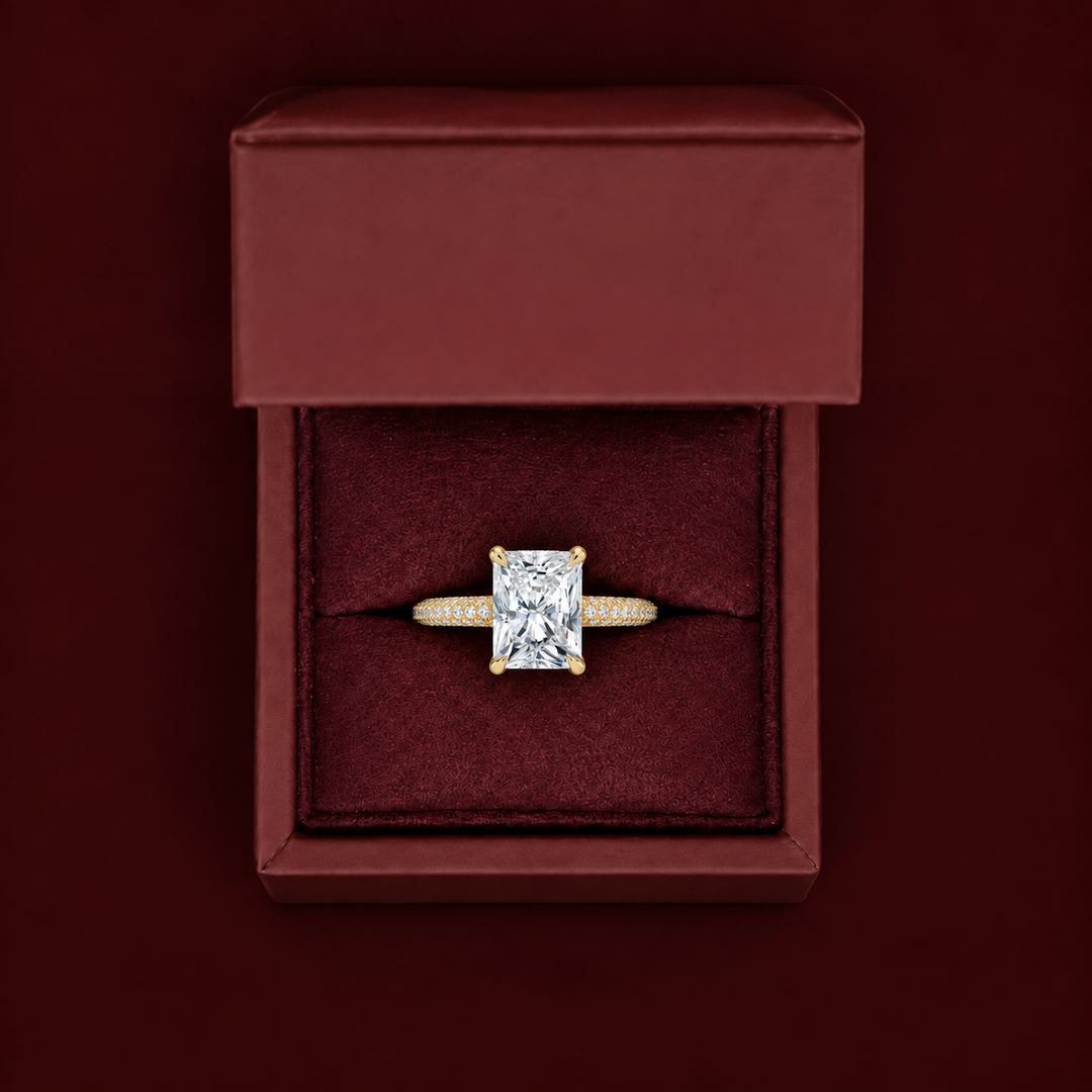 Micro Pave band Solitaire Ring in Yellow Gold