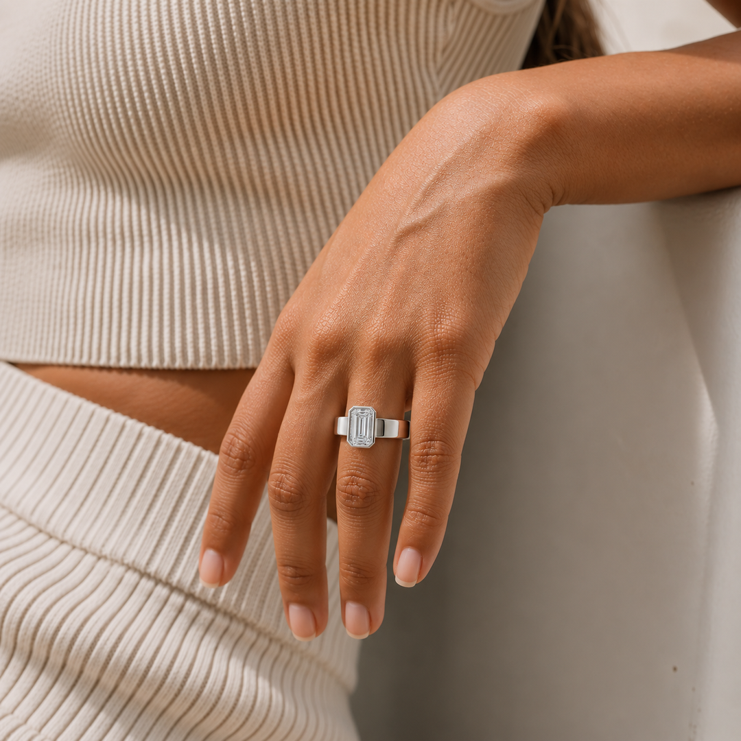 4mm Cigar band Bezel set Solitaire Ring in Silver