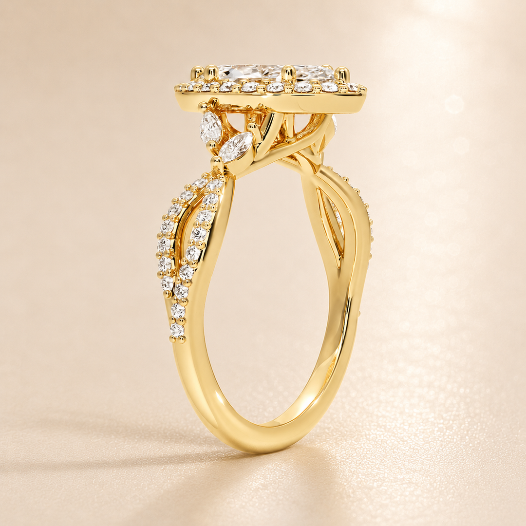 Vine band Halo Diamond Ring in Yellow Gold