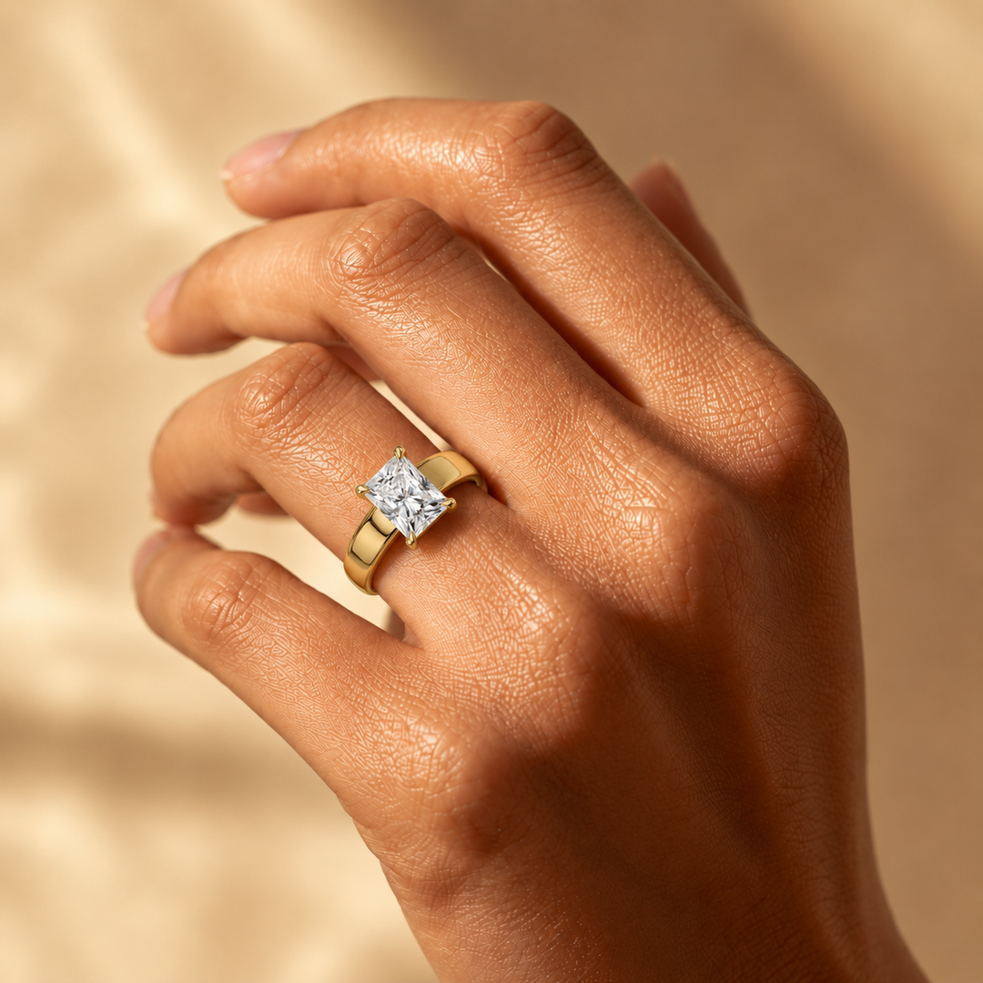 4mm Cigar band Prong set Solitaire Ring in Yellow Gold