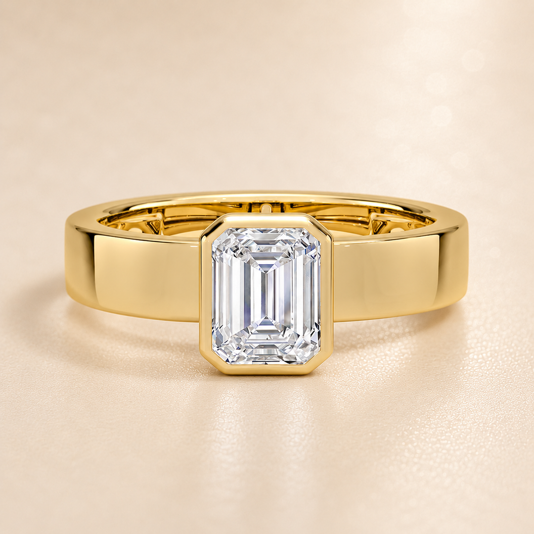 4mm Cigar band Bezel set Solitaire Ring in Yellow Gold