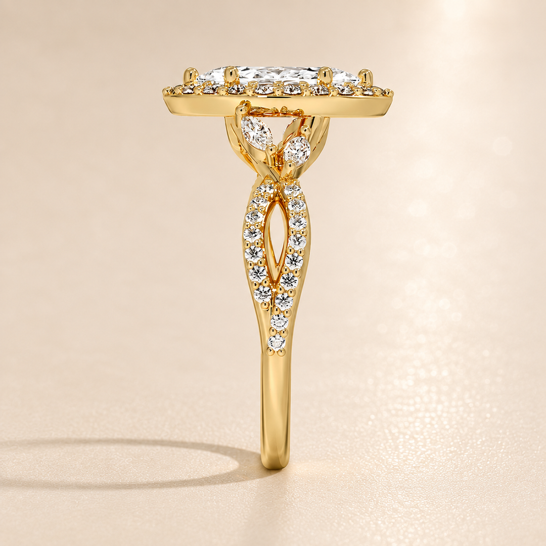 Vine band Halo Diamond Ring in Yellow Gold