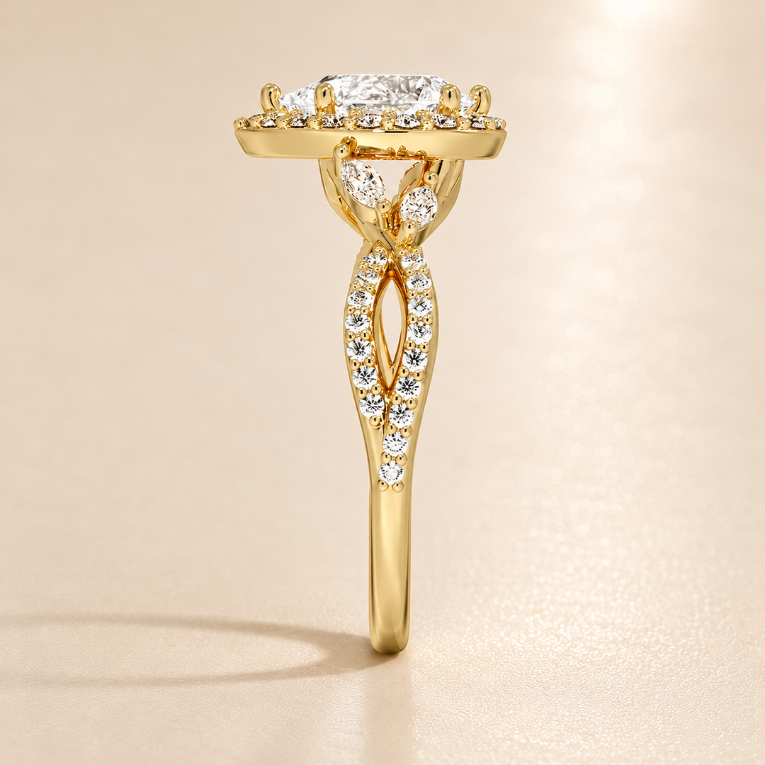 Vine band Halo Diamond Ring in Yellow Gold