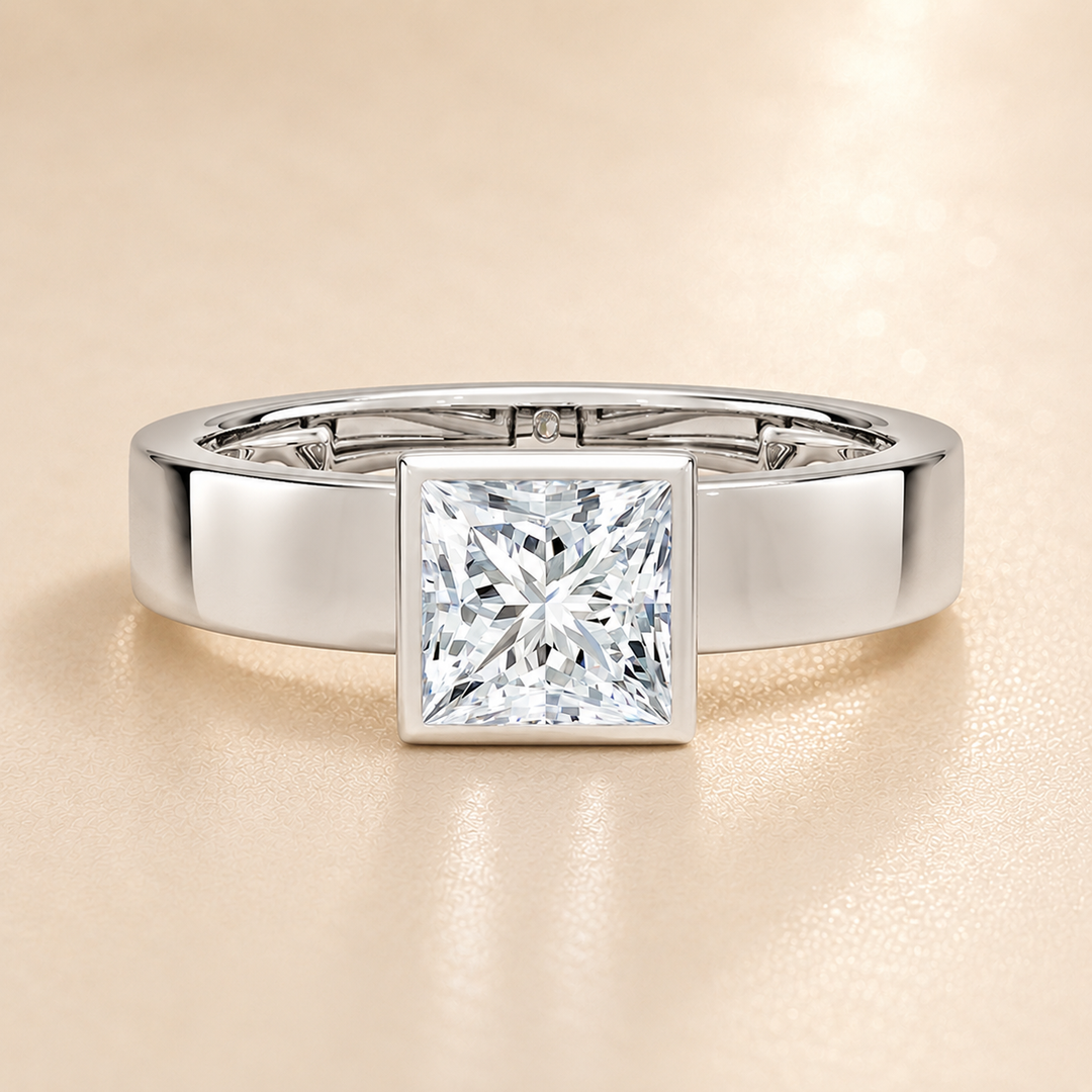 4mm Cigar band Bezel set Solitaire Ring in White Gold