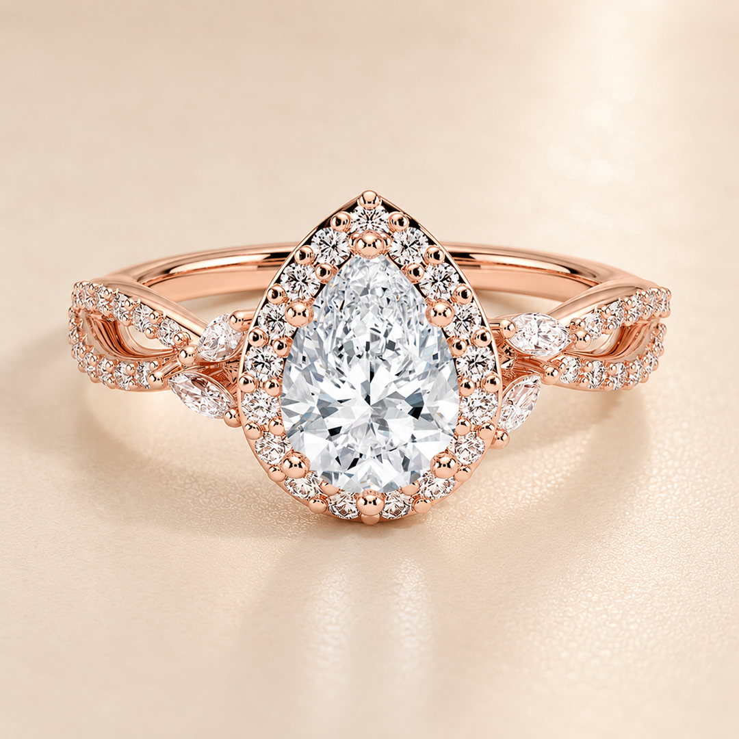 Vine band Halo Diamond Ring in Rose Gold