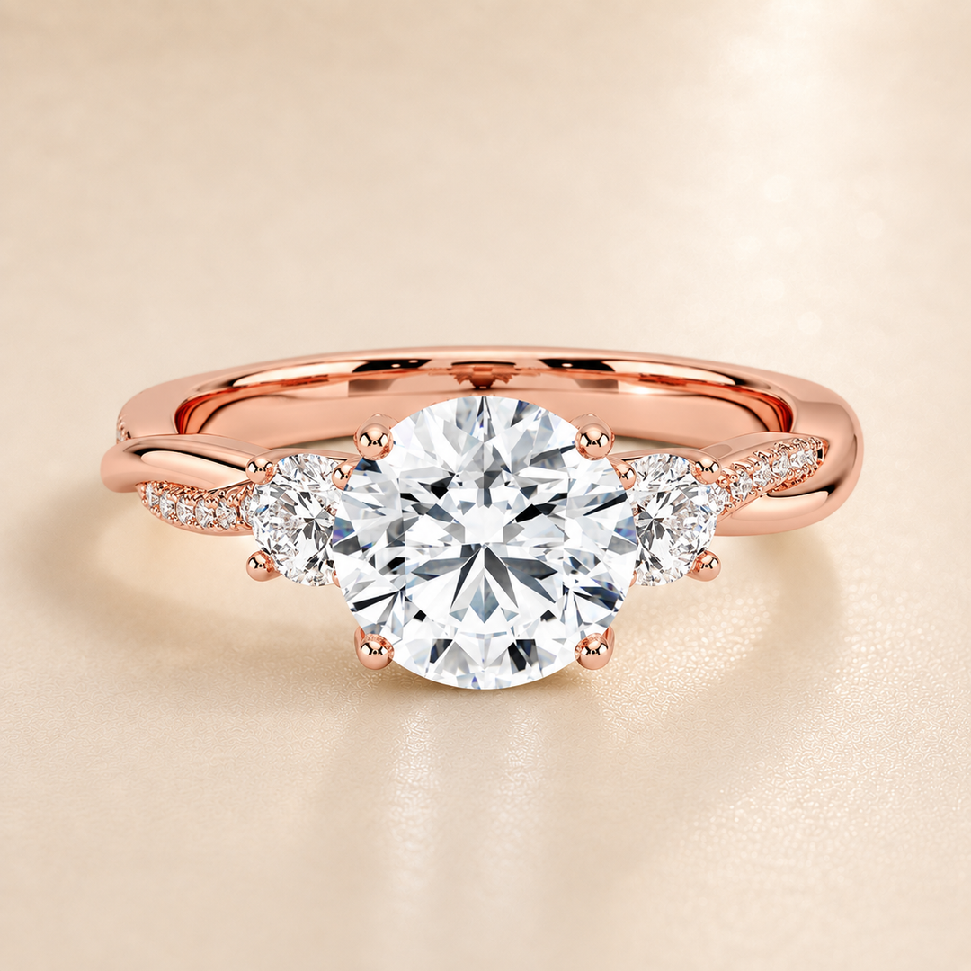 Twisted Vine Band Three Stone Ring in Rose Gold
