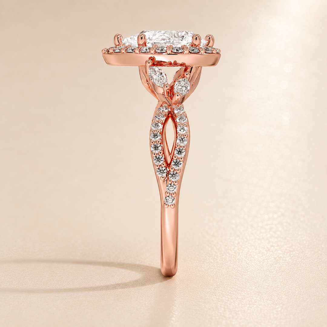 Vine band Halo Diamond Ring in Rose Gold