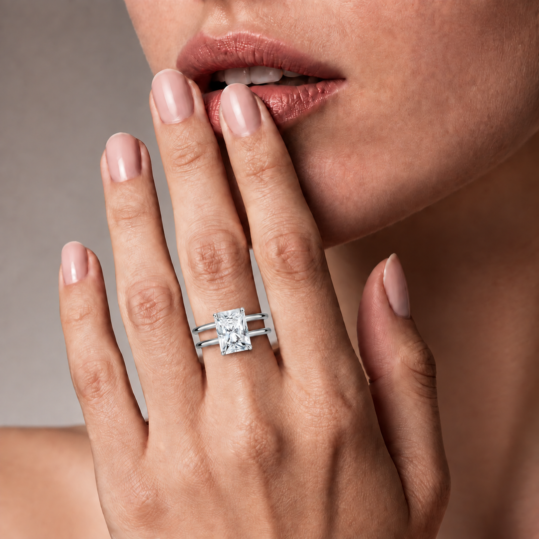 Open Double Band Solitaire Ring in White Gold