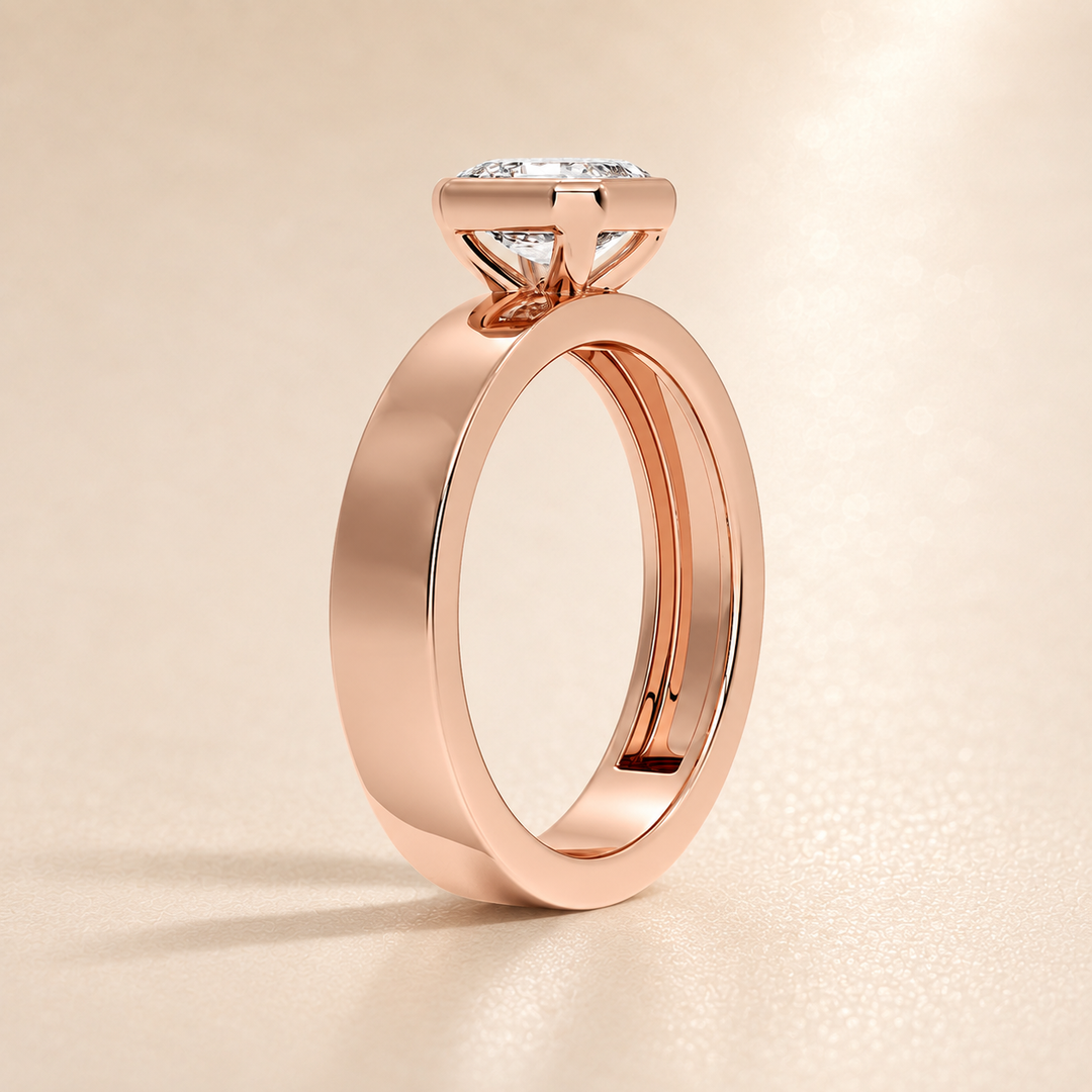 4mm Cigar band Bezel set Solitaire Ring in Rose Gold