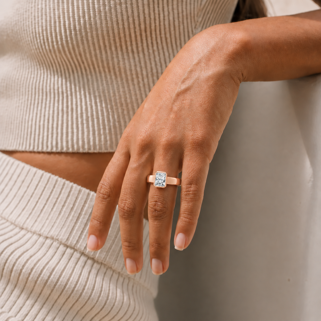 4mm Cigar band Bezel set Solitaire Ring in Rose Gold
