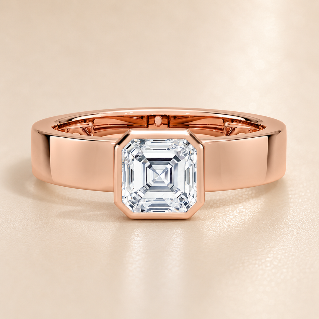4mm Cigar band Bezel set Solitaire Ring in Rose Gold