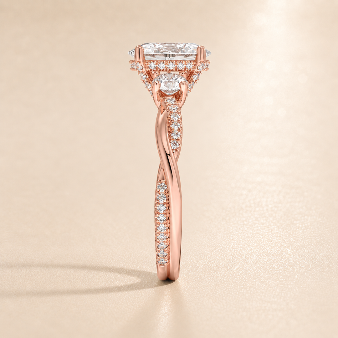 Twisted Vine Band Three Stone Ring in Rose Gold