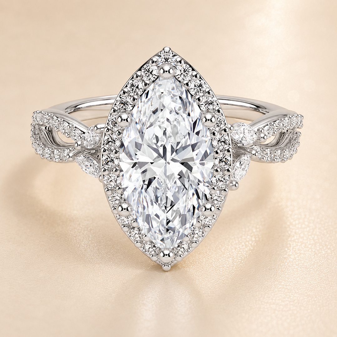 Vine band Halo Diamond Ring in Silver