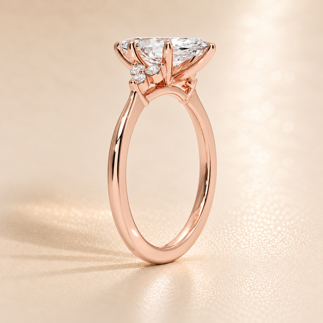 Six round accent diamonds Three Stone Ring in Rose Gold