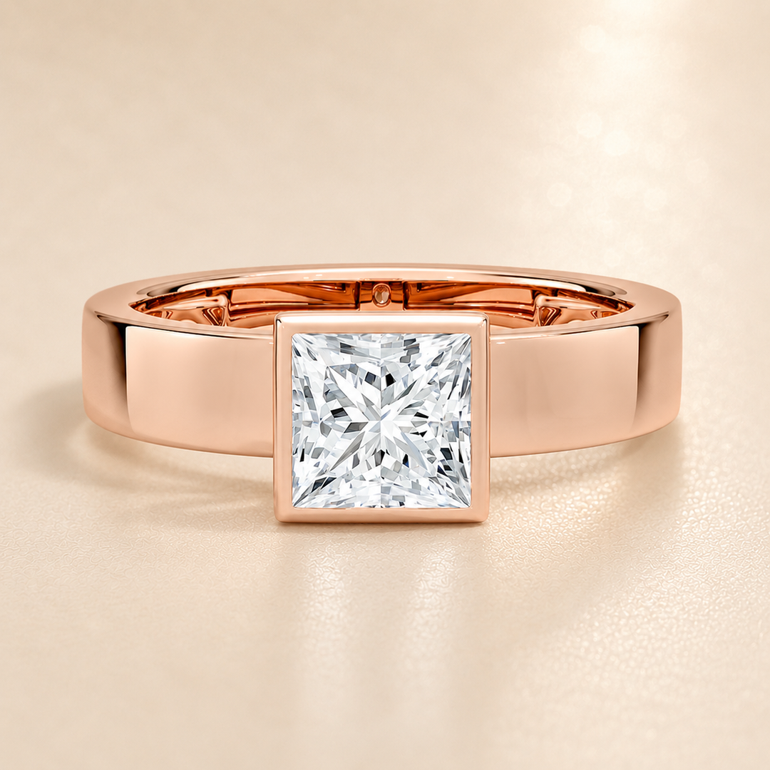4mm Cigar band Bezel set Solitaire Ring in Rose Gold
