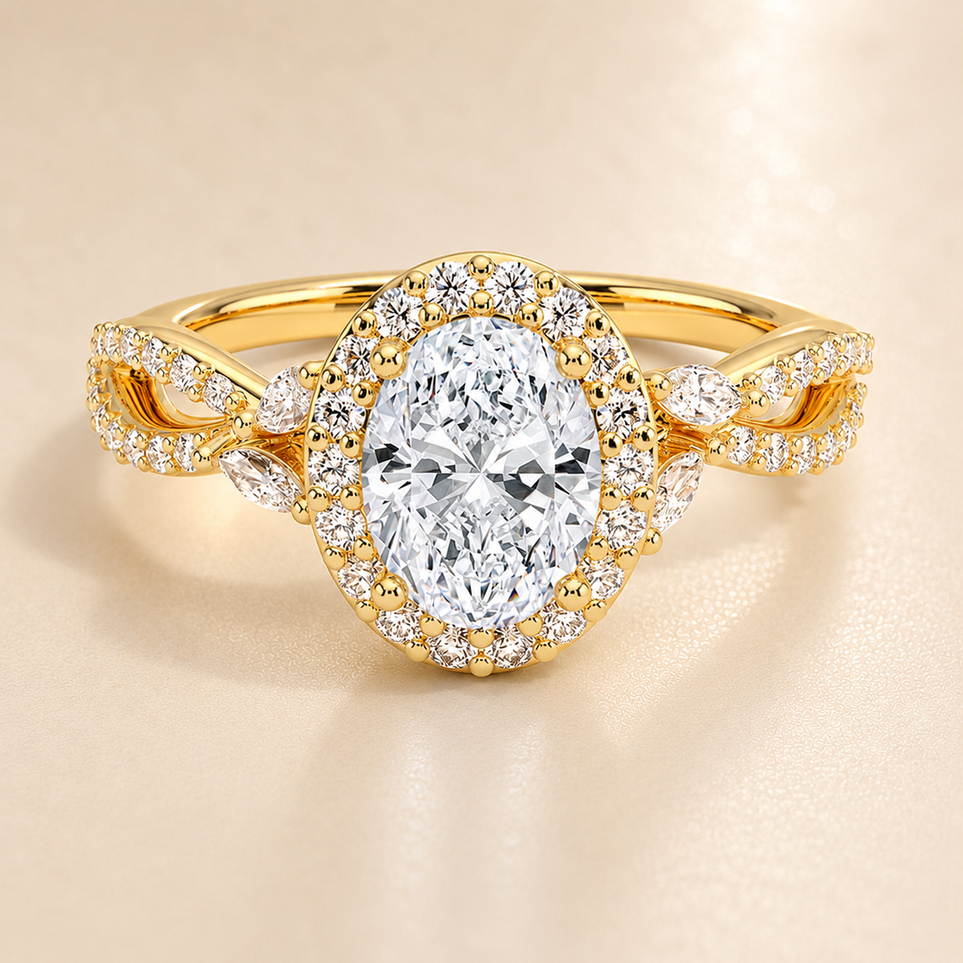 Vine band Halo Diamond Ring in Yellow Gold