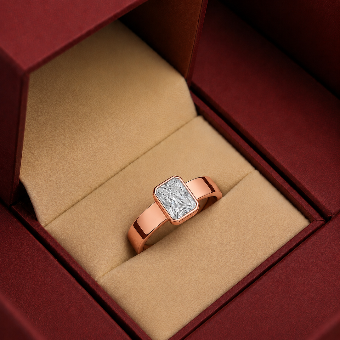 4mm Cigar band Bezel set Solitaire Ring in Rose Gold