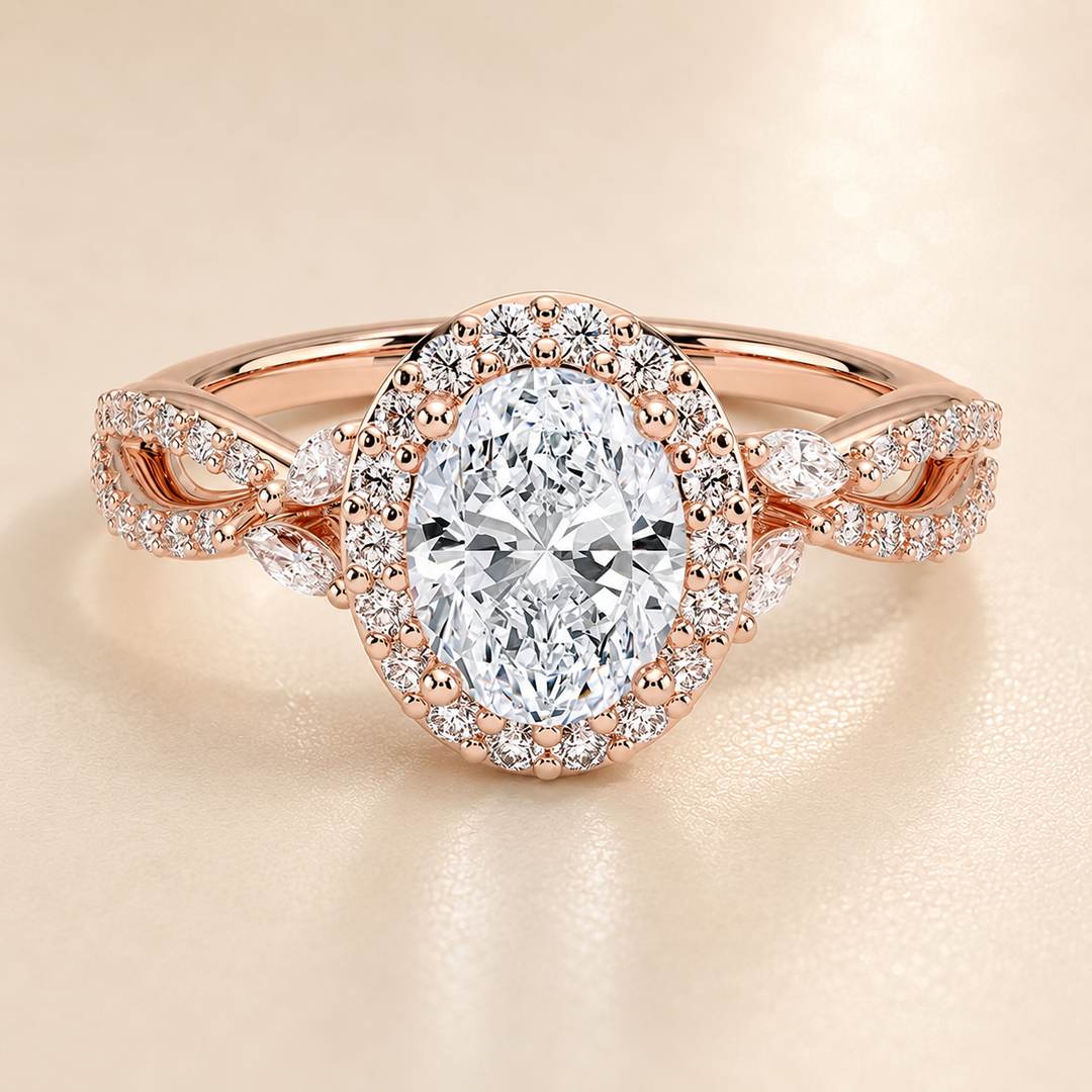 Vine band Halo Diamond Ring in Rose Gold